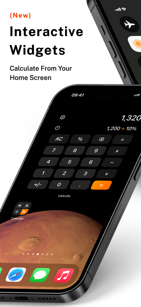Calculator Widget - Calcullo - Pantalla de inicio de iPhone que muestra el widget de calculadora interactiva Calcullo para matemáticas rápidas