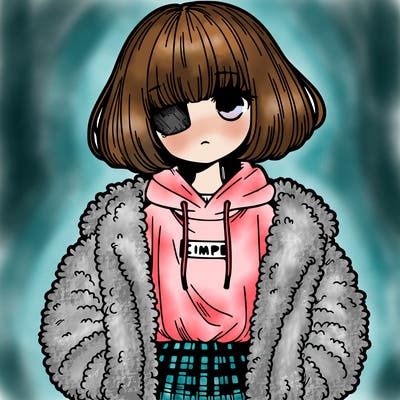 anime girl wearing fluffy jacket with tshirt and bangs covering them one eye