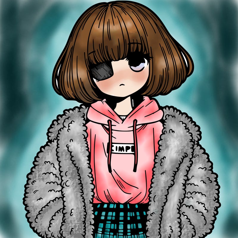 anime girl wearing fluffy jacket with tshirt and bangs covering them one eye