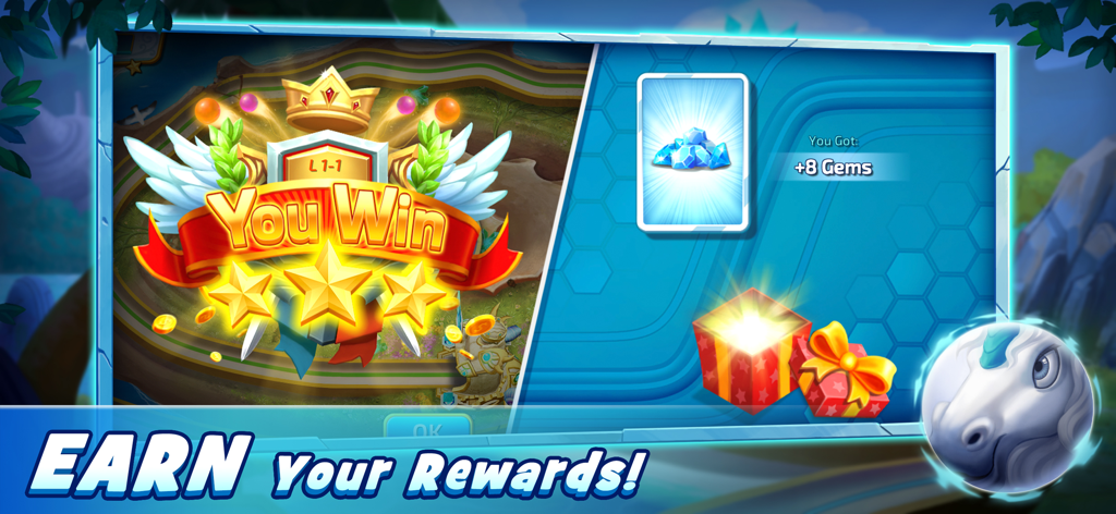 Atlantisor - Marble Blast - Atlantisorマーブルブラストの勝利画面。3つの星と8つの宝石の報酬が表示されている。