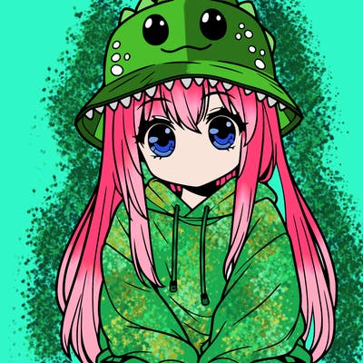 girl with anime shaped eyes with a dinosaur bucket hat oversized sweatshirt long straight hair