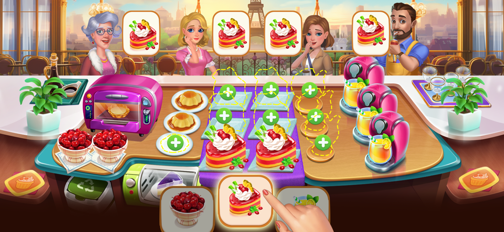 Chef Travel: Cooking Journey - Gameplay of Chef Travel showing a player serving cakes to customers in a Paris restaurant