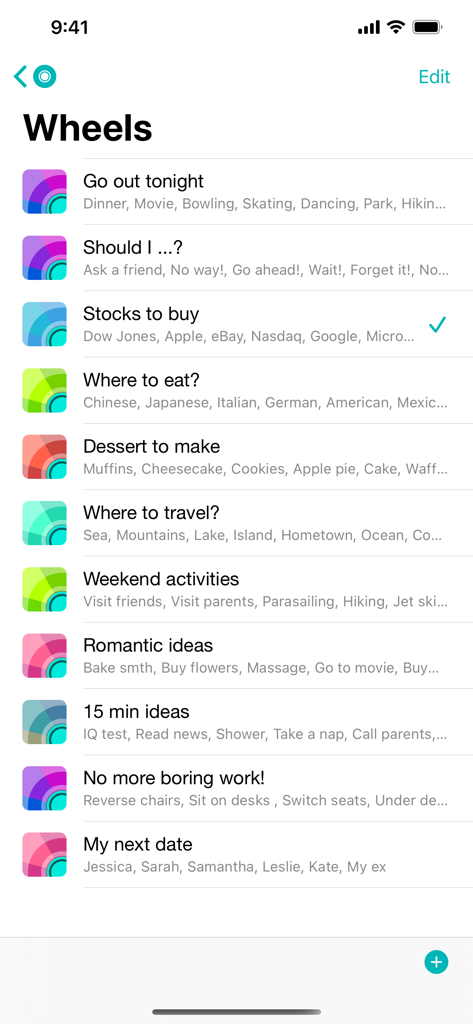 Decide Now! — Random Wheel - A menu of customizable decision wheels in the Decide Now app including categories like where to eat and travel