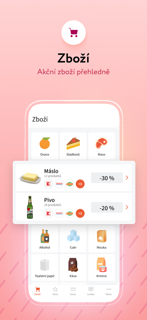 Portmonka - věrnostní karty - Portmonkaアプリの画面。割引された食料品やプロモーションセールが表示されている。