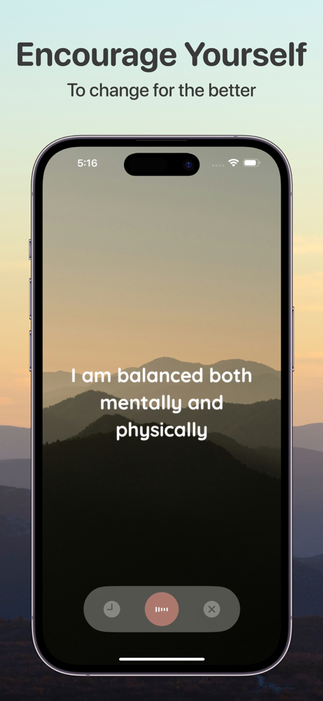 Daily Affirmations: Life Quote - Pantalla de la aplicación Afirmaciones Diarias que muestra una cita positiva sobre el equilibrio mental y físico sobre un fondo montañoso escénico.