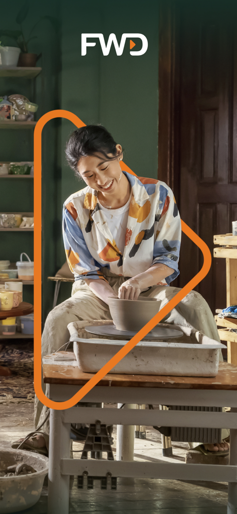 A young woman smiling while working on a pottery wheel under the FWD insurance logo.