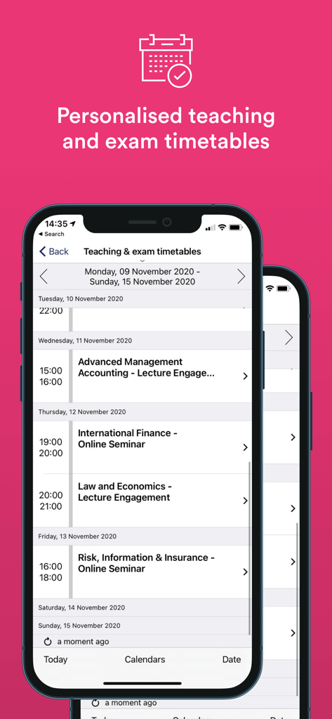 MyNottingham - Smartphone screen showing MyNottingham app teaching and exam timetable interface with scheduled lectures and seminars