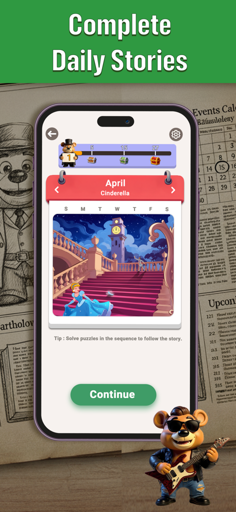CodeWords: Cryptogram Puzzles - シンデレラをテーマにした毎日のストーリーパズルとカレンダーの進行状況トラッカーを表示するCodeWordsアプリインターフェイス。