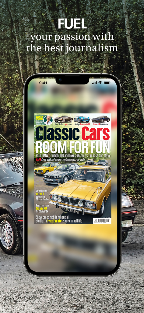 Classic Cars: Driving history - Smartphone displaying the digital cover of Classic Cars magazine featuring vintage vehicles