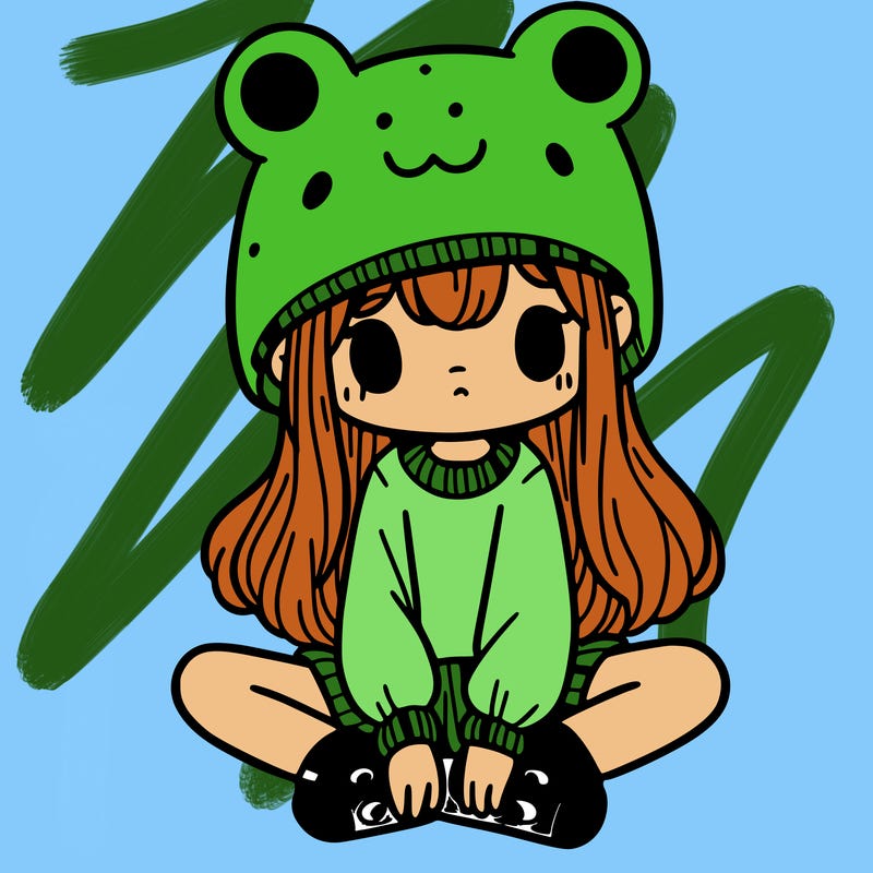 a girl wearing a frog hat and some frog socks
