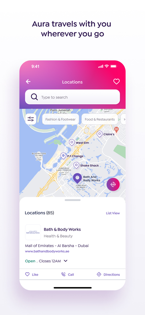 Aura MENA - Aura MENA app map interface showing store locations for participating brands in Dubai