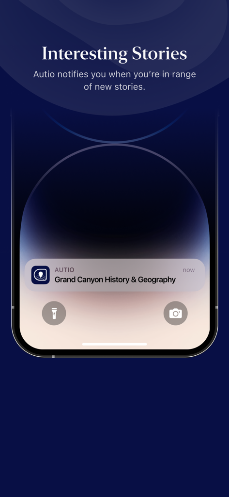 Autio: Road Trip & Travel App - A smartphone screen showing a notification from the Autio app for a location-based audio story about the Grand Canyon.