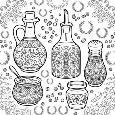 Dive into the detailed world of kitchen essentials with this sophisticated adult coloring page. Featuring beautifully patterned condiment holders, it promises a relaxing and rewarding artistic challenge.