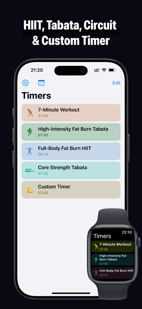 Interval Timer - Tabata HIIT - HIIT and Tabata interval timer interface on iPhone and Apple Watch