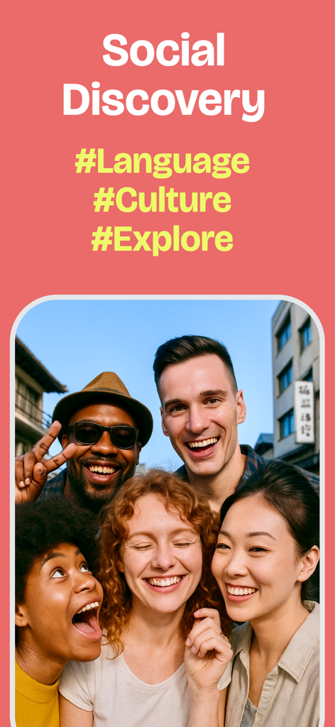 A group of five smiling diverse young adults featured on a social discovery app screen with hashtags for language culture and explore