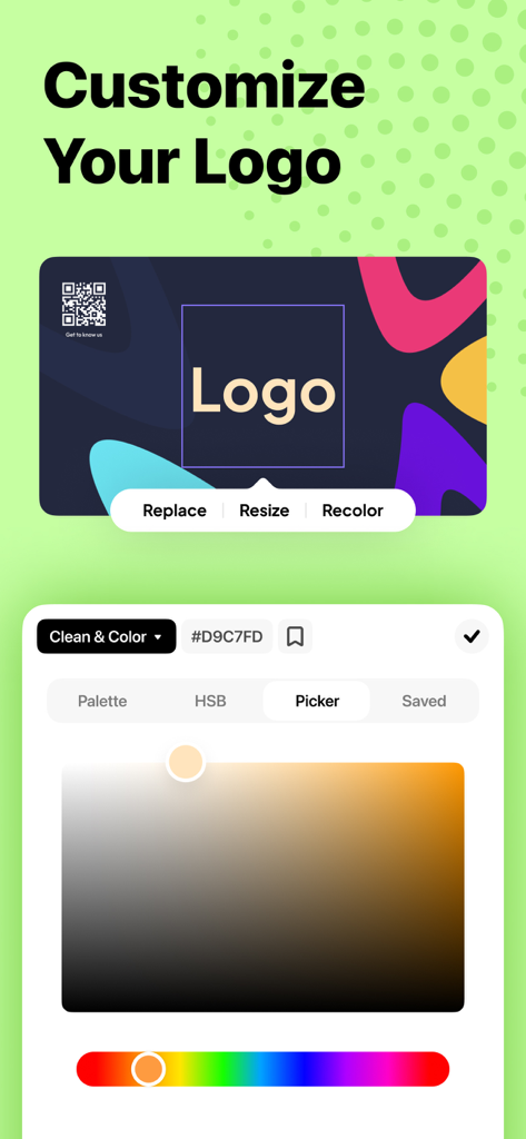 Business Card Maker· - A mobile app screen for customizing a business card logo with an integrated color picker tool.
