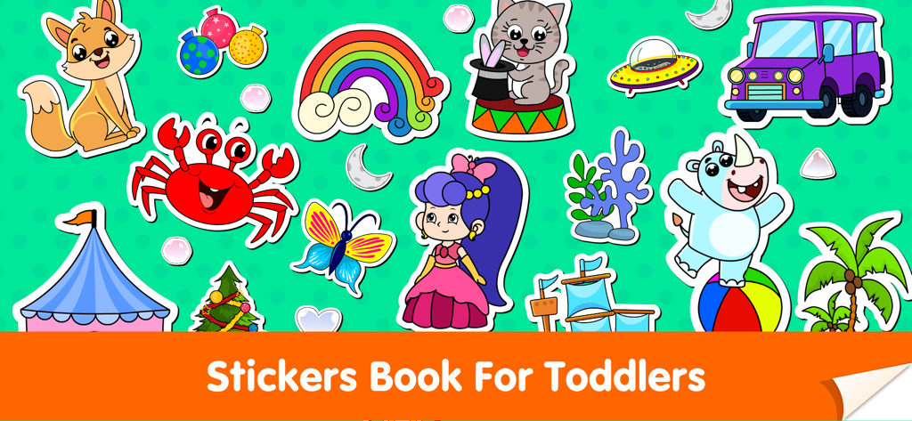 Una varietà di adesivi colorati a cartoni animati, tra cui animali e una principessa, per un gioco educativo per bambini