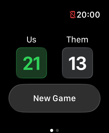 ShuttleTrack - ShuttleTrack Apple Watch interface displaying a badminton match score of 21 to 13 with a new game button