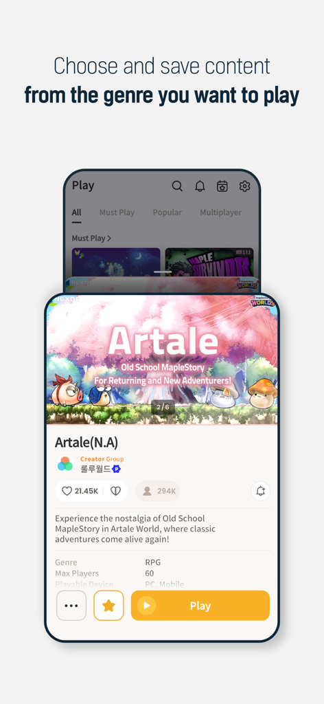 MapleStory Worlds - MapleStory Worlds mobile app interface showing the Artale game selection screen with nostalgic pixel art
