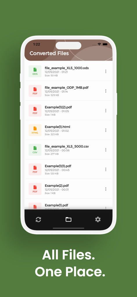 Una lista de archivos de hojas de cálculo y documentos convertidos mostrando formatos ODS, PDF y CSV en la aplicación ODS Converter.