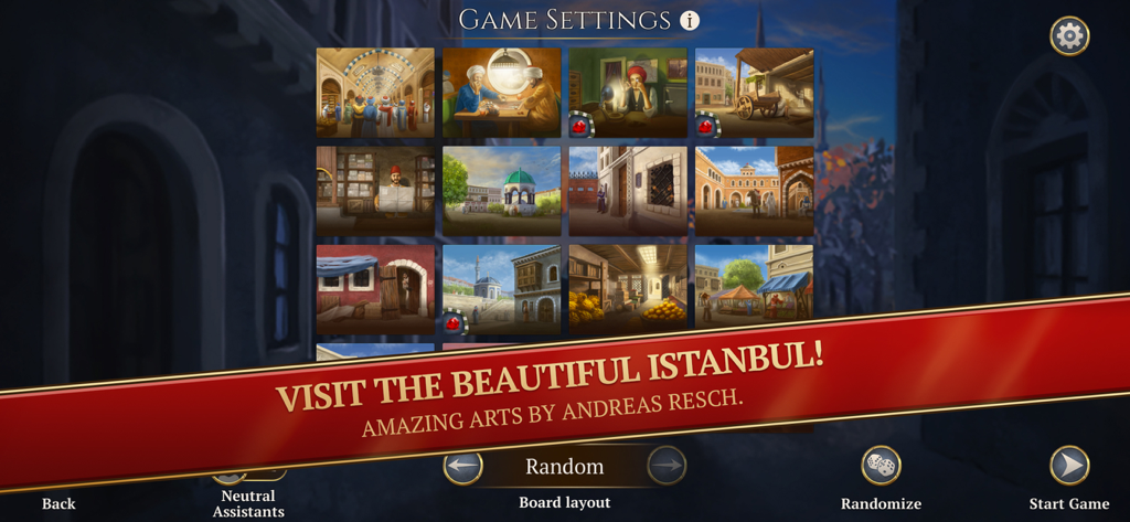 Istanbul Digital Edition game settings menu showing randomized board layout tiles