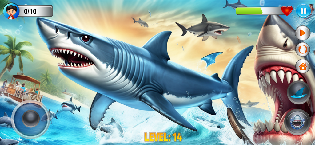 Angry Shark Simulator Games 3d - A fierce great white shark swimming in a 3D ocean environment in Angry Shark Simulator.
