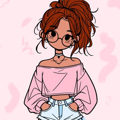 girl with a messy ponytail glasses a baggy crop top and jean shorts