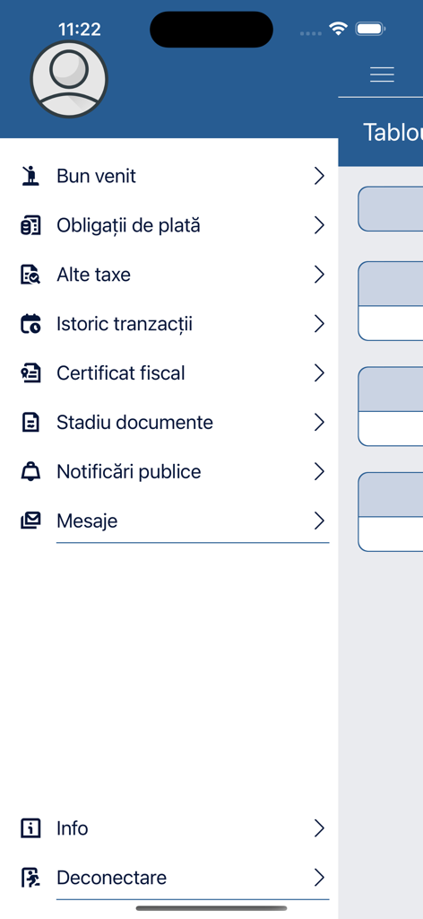 Menu di navigazione laterale dell'app DGITL Settore 1 che mostra opzioni per pagamenti tasse e documenti fiscali