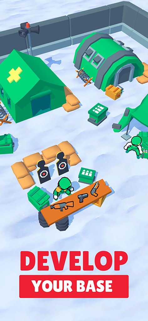 Stickman of Wars: RPG Shooters - Stickman character managing a military camp in the snow with tents and weapon tables