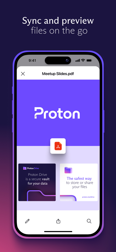 Proton Drive: Cloud Storage - Una schermata dello smartphone che visualizza un'anteprima di un file PDF nell'app Proton Drive sotto la voce Sincronizza e visualizza in anteprima i file in movimento.