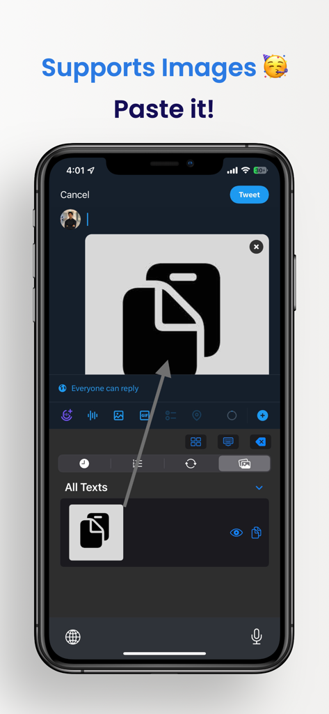 Pantalla del iPhone mostrando la extensión de teclado de la aplicación Clipboard pegando una imagen guardada en una publicación de redes sociales