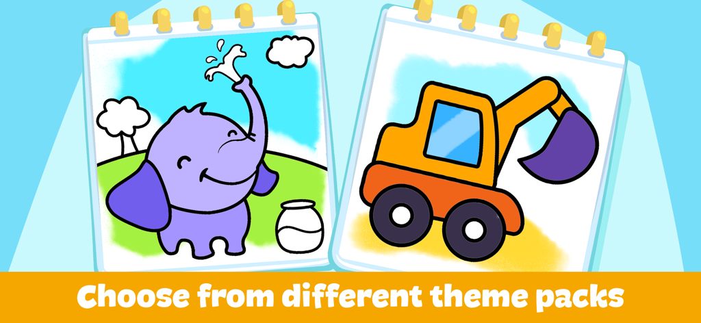 Coloring Games for Kids 3+ - Una aplicación para colorear para niños que muestra dos paquetes temáticos diferentes con un elefante morado y una excavadora naranja.