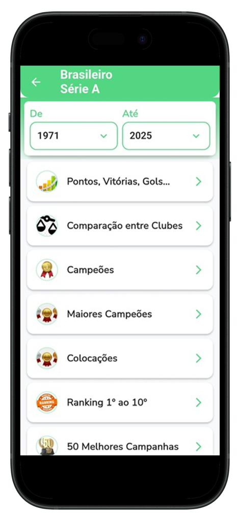 Ranking do Futebol - Tela do aplicativo Ranking do Futebol mostrando opções de estatísticas de futebol para o Brasileiro Série A de 1971 a 2025