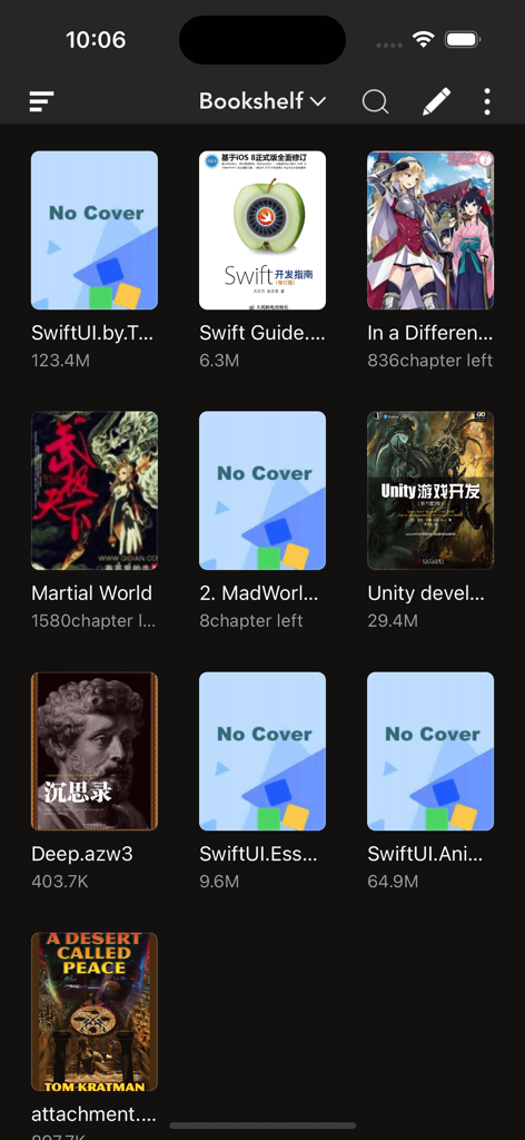 A digital bookshelf interface in the eBooks reader app displaying a grid of imported books and documents in dark mode