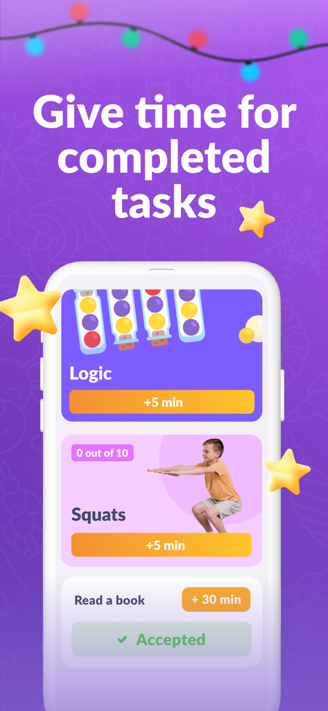 Kids360 app interface showing screen time rewards for physical and educational tasks
