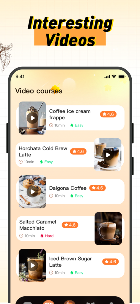 A list of coffee recipe video tutorials on the Kafi app screen showing various iced and specialty coffee drinks with difficulty levels and ratings.
