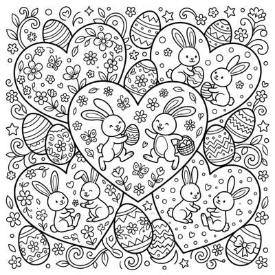 Get ready for Easter fun with this charming coloring page, specially designed for kids! It features a delightful arrangement of hearts, playful bunnies, and beautifully decorated eggs, promising hours of creative joy.