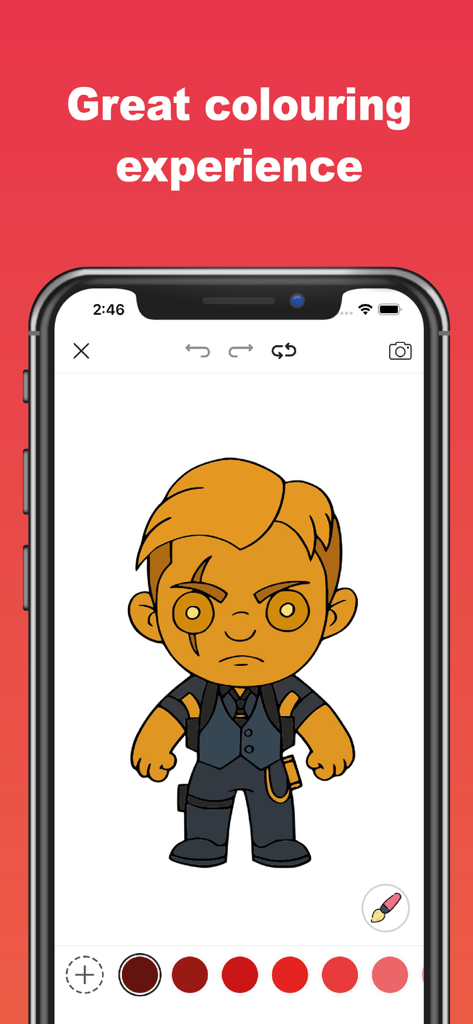 Colortnite: Nite Coloring Game - Uma interface móvel do Colortnite mostrando um personagem de battle royale sendo colorido de dourado