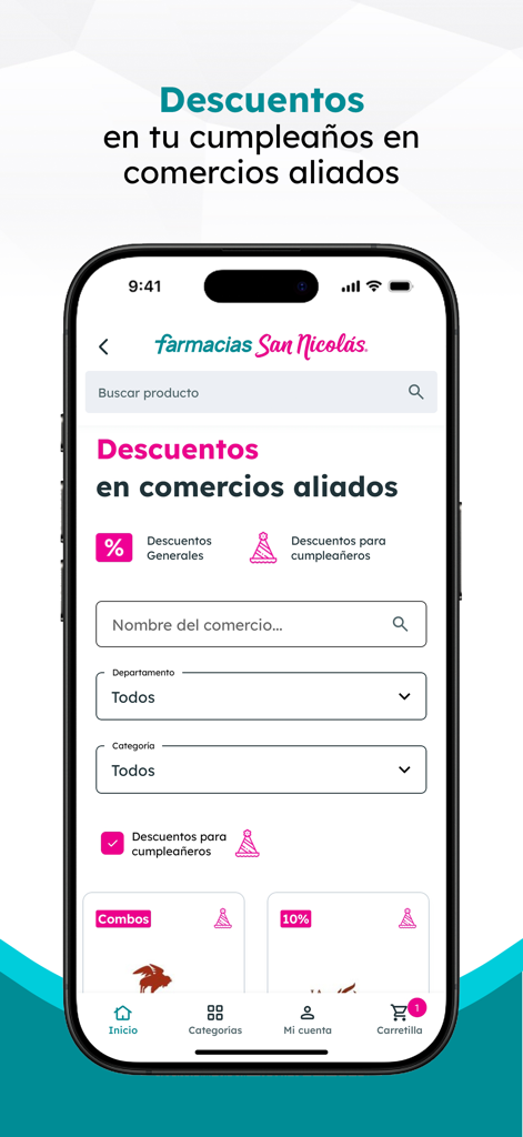 Benutzeroberfläche der Farmacias San Nicolas App, die Geburtstagsrabatte bei verbündeten Unternehmen anzeigt