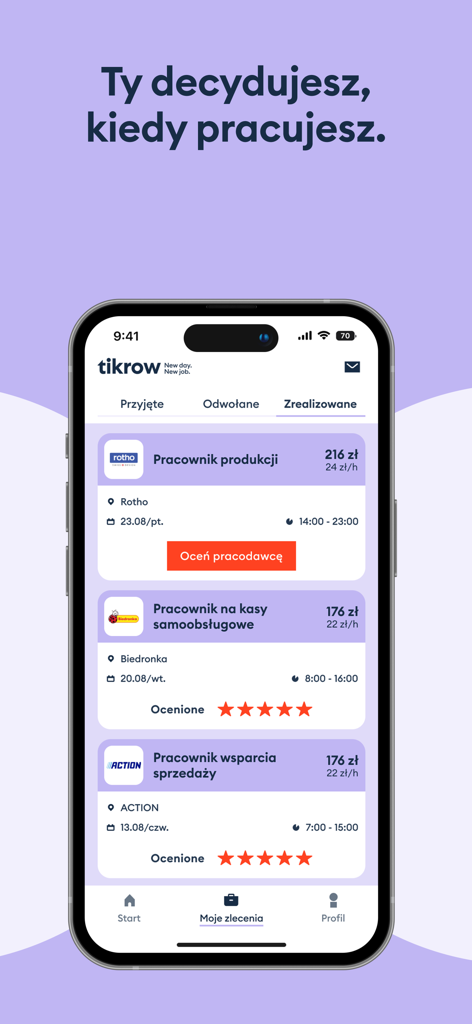 Mobile app interface showing completed daily work shifts and earned money for gig workers