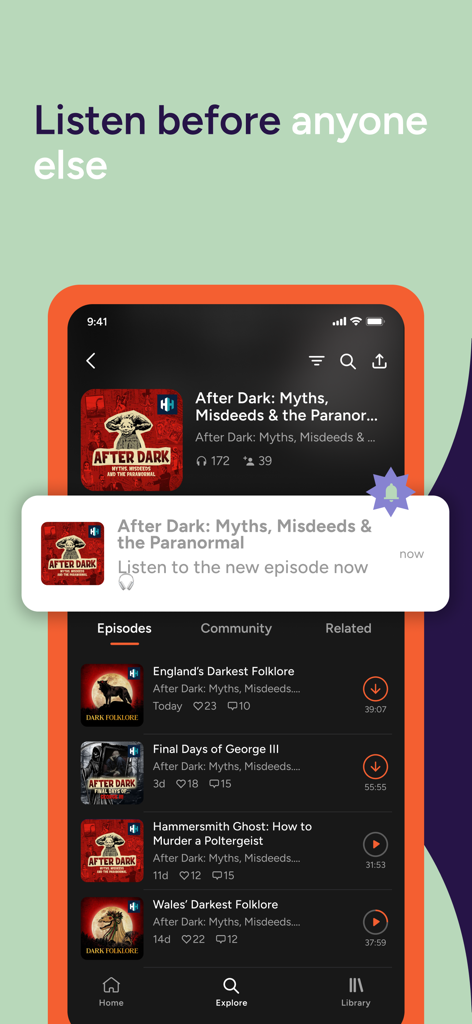 Pantalla móvil de la aplicación iVoox que muestra notificaciones de episodios de podcast y una lista de episodios disponibles para descubrir.