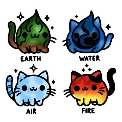 4 cats that represent the different elements, earth, water, air, and fire