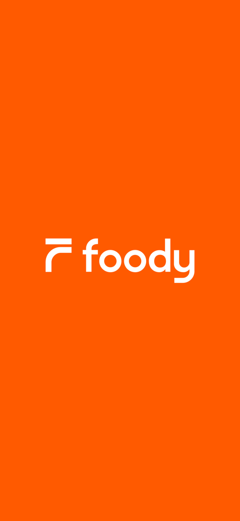 Foody Cyprus - Food Delivery - Schermata iniziale dell'app Foody con logo bianco su sfondo arancione vivace
