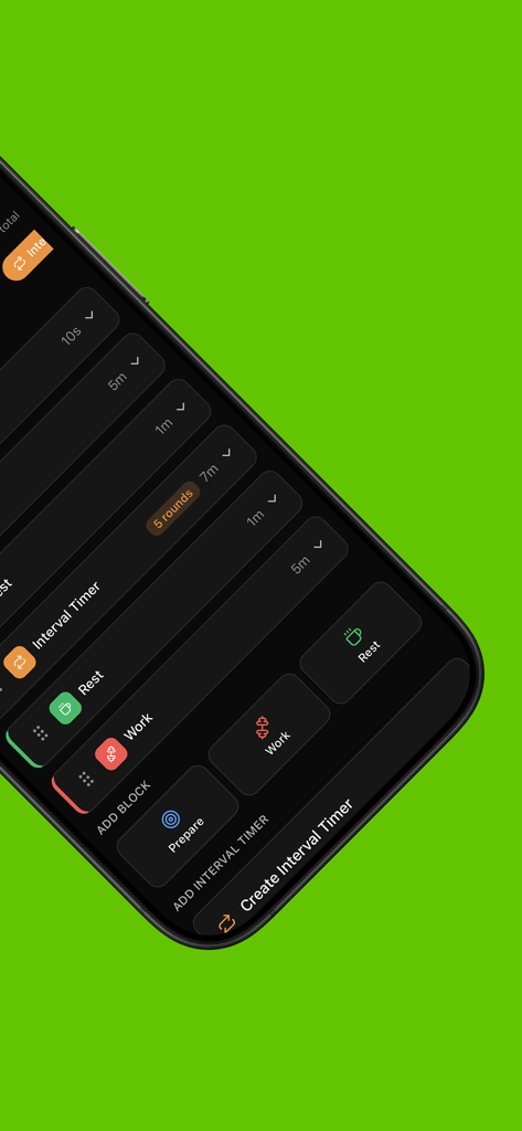 Bildschirm einer mobilen App, der die Anpassung eines Intervall-Workouts mit Arbeits- und Pausenblöcken in Qrep zeigt
