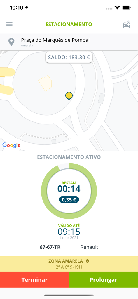 ePark EMEL - ePark EMEL mobile app interface showing active parking session timer and map in Lisbon