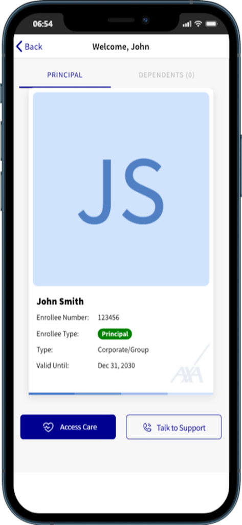 Tessera assicurativa digitale sull'app MyAXA Plus che mostra le informazioni sull'iscritto e le opzioni di assistenza