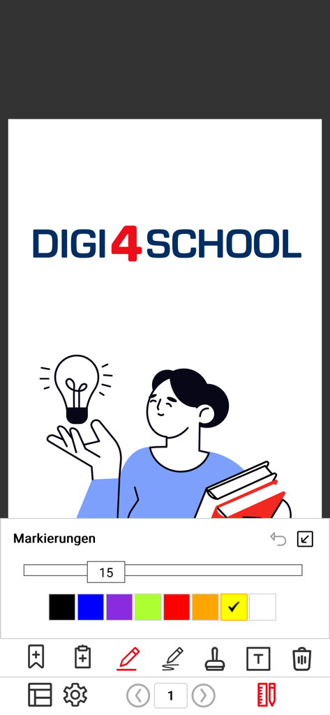 Interfaccia dell'app digi4school con strumenti di evidenziazione e annotazione per gli studenti