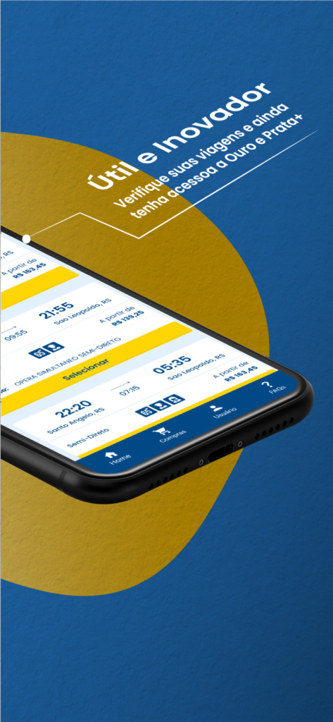 Écran de l'application Ouro e Prata Passagens montrant les options de voyage en bus et les prix