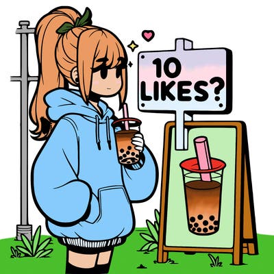 girl with oversized hoodie drinking boba and she has a high ponytail with a sign that says 10likes?