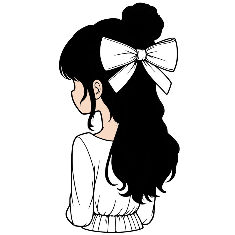 realistic girl  with hip length hair a bun and a big bow on the back of head